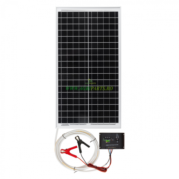 Panou solar monocristalin cu puterea de 30 W, cu regulator de incarcare solar PWM 10 A.