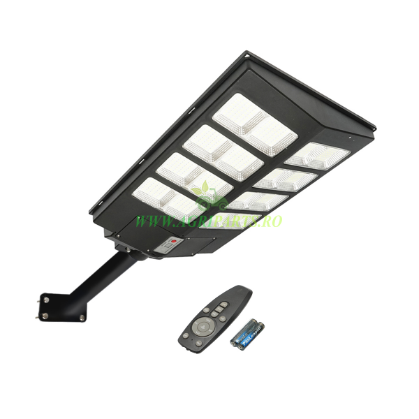 Lampa solara LED 300W iluminat stradal 6500K cu panou solar, telecomanda, senzor miscare si prindere pe stalp