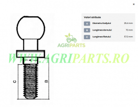 Bolt de cuplare cu bila 25.4 mm, filet 1 inch UNF , sarcina max 2000 kg