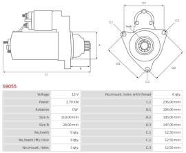 Electromotor 12V 2.7kW, sens dreapta, potrivit pentru Fiat, New Holland