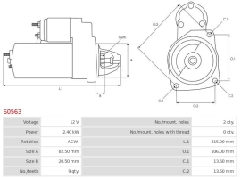 Electromotor 12V 2.4 kW, sens stanga, potrivit pentru Lombardini, Goldoni