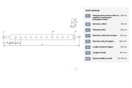Bara de remorcare pentru tractoare, categoria 2, lungime 960mm, latime 60mm 