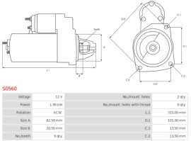 Electromotor 12V 1.9 kW, sens stanga, potrivit pentru Fiat 415